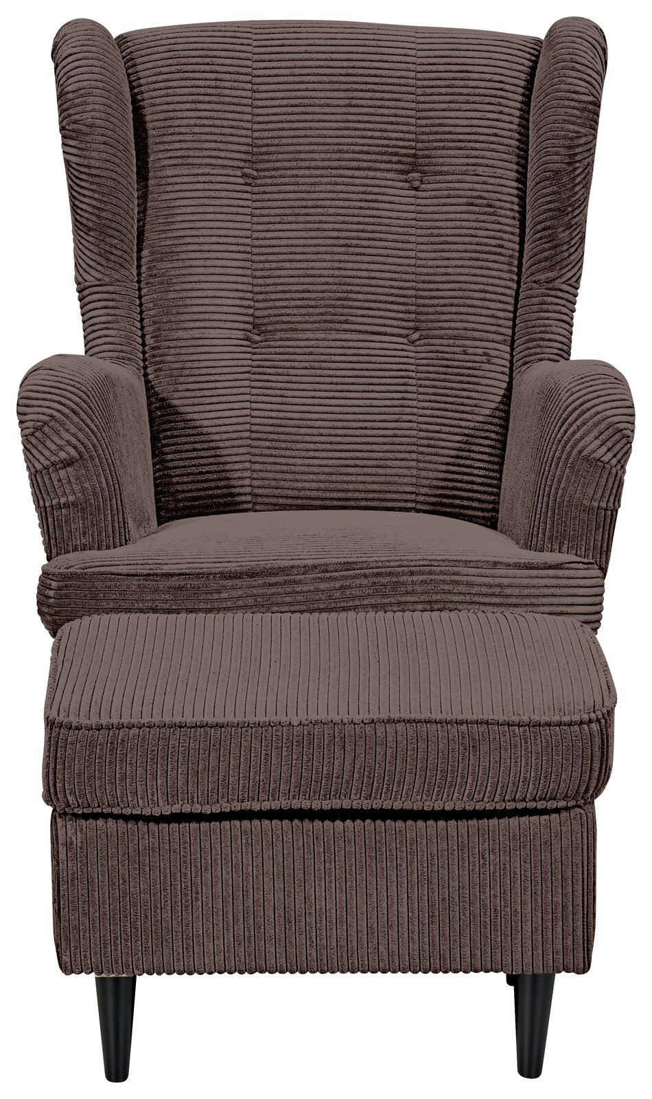 Frontale Ansicht eines braunen Sessels mit geripptem Stoffbezug und schwarzen Beinen.