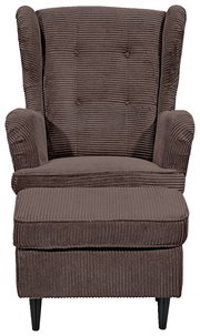 Frontale Ansicht eines braunen Sessels mit geripptem Stoffbezug und schwarzen Beinen.