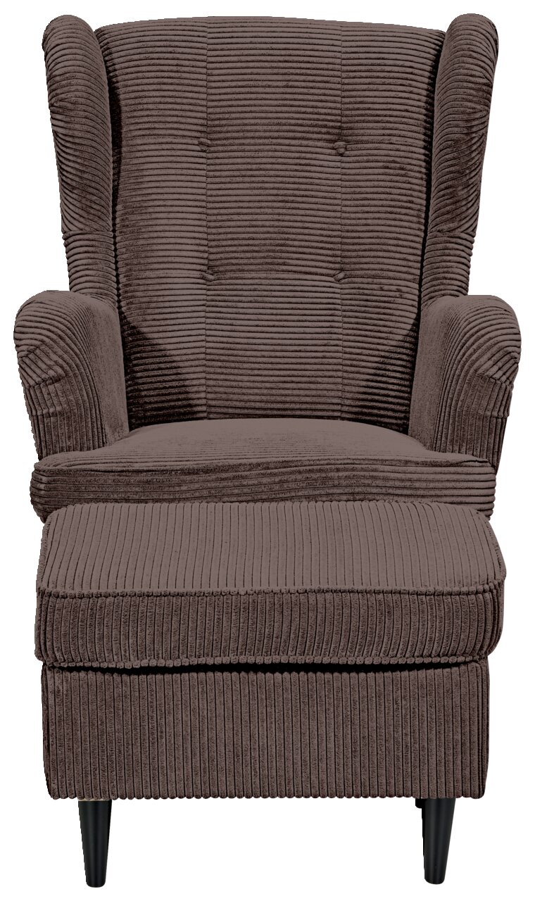 Frontale Ansicht eines braunen Sessels mit geripptem Stoffbezug und schwarzen Beinen.