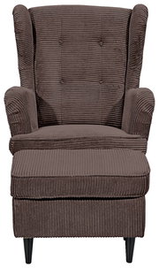 Frontale Ansicht eines braunen Sessels mit geripptem Stoffbezug und schwarzen Beinen.