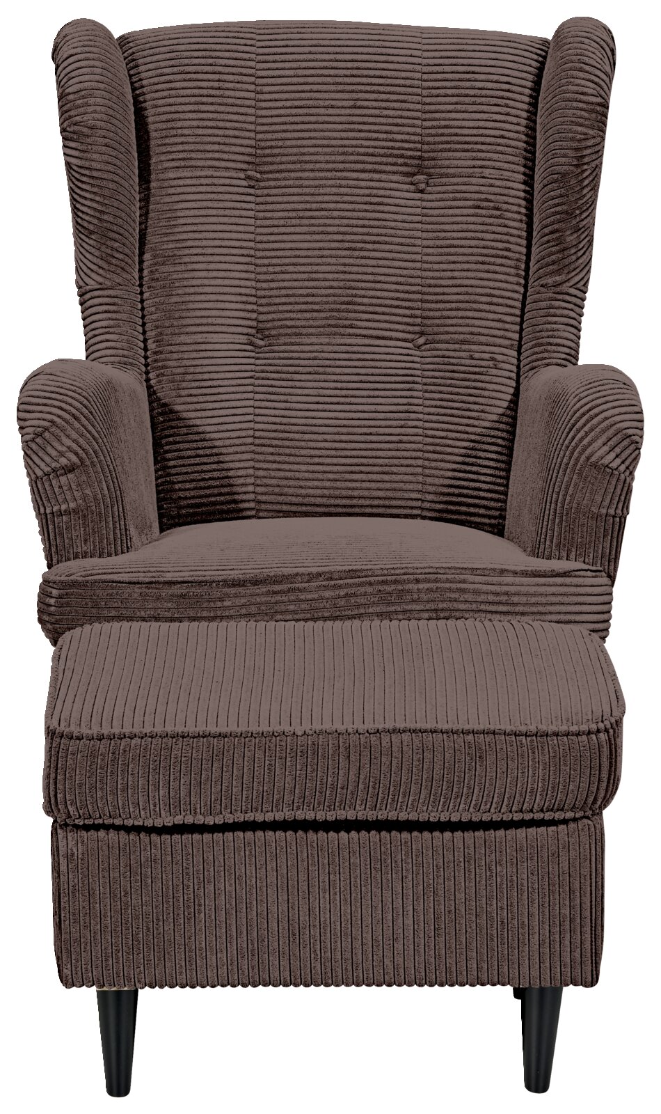Frontale Ansicht eines braunen Sessels mit geripptem Stoffbezug und schwarzen Beinen.