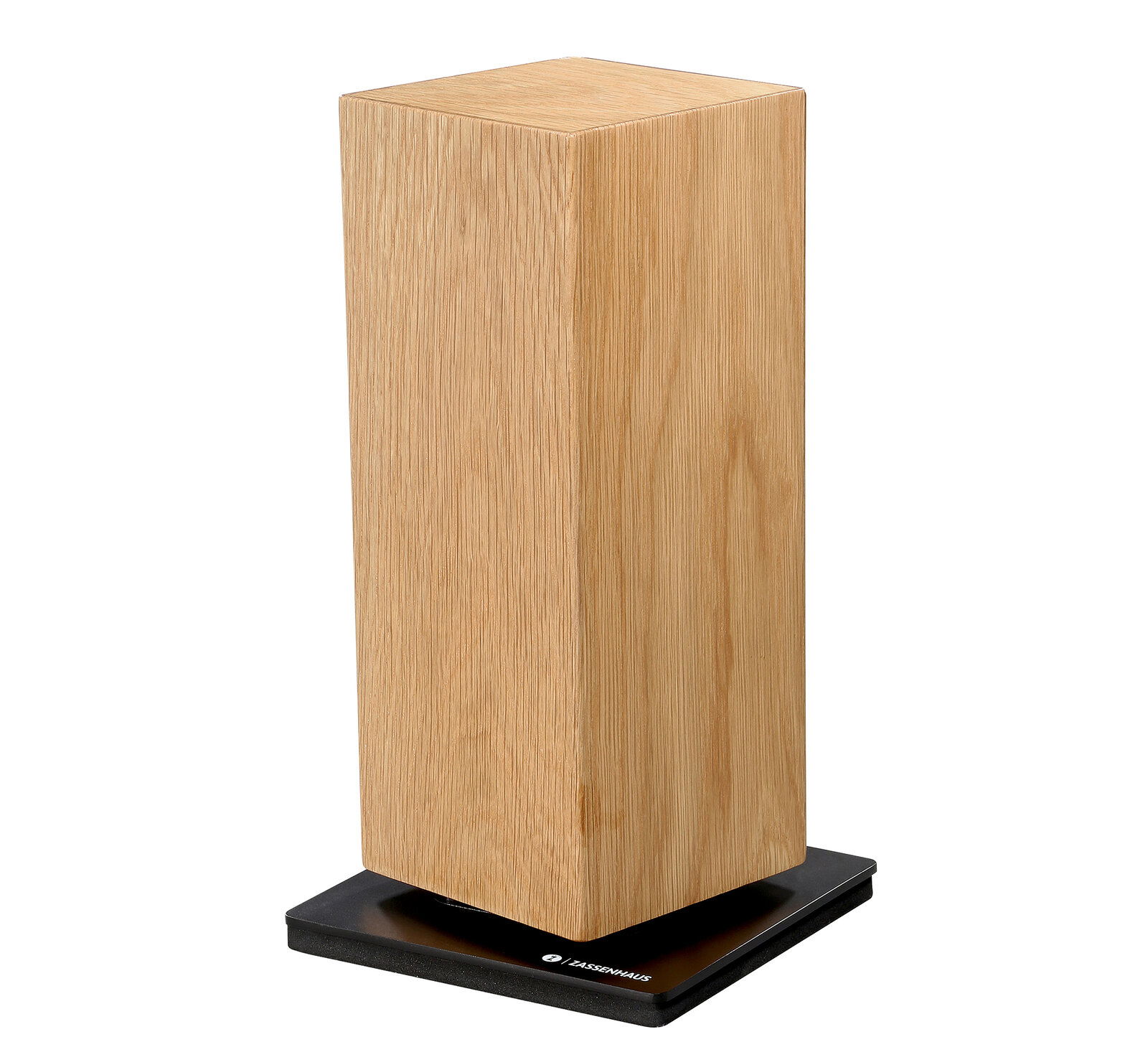 Magnet-Messerblock aus Eiche in vertikaler Perspektive auf schwarzem Sockel