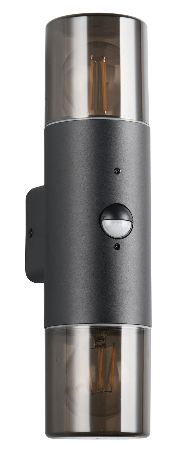 Moderne Wandleuchte HOOSIC in zylindrischer Form mit schwarzem Gehäuse und transparenten Abdeckungen, frontal abgebildet.