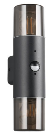 Moderne Wandleuchte HOOSIC in zylindrischer Form mit schwarzem Gehäuse und transparenten Abdeckungen, frontal abgebildet.