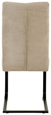 Rückansicht eines beige gepolsterten Schwingstuhls mit schwarzem Metallgestell.