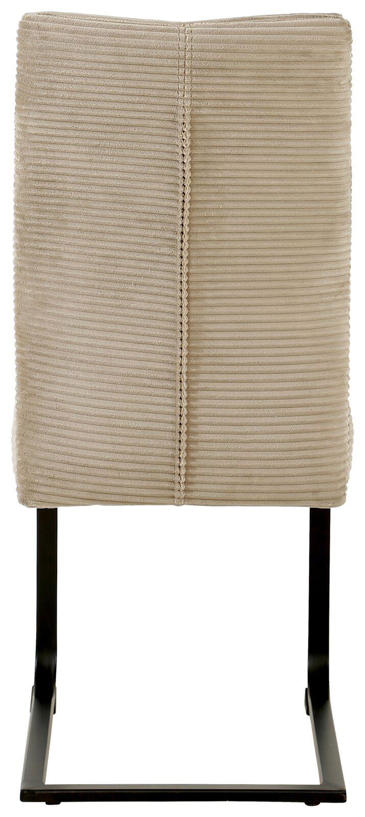 Rückansicht eines beige gepolsterten Schwingstuhls mit schwarzem Metallgestell.