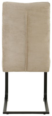 Rückansicht eines beige gepolsterten Schwingstuhls mit schwarzem Metallgestell.