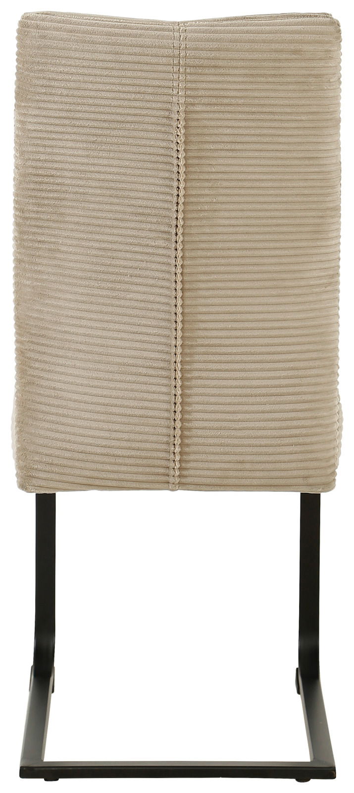 Rückansicht eines beige gepolsterten Schwingstuhls mit schwarzem Metallgestell.