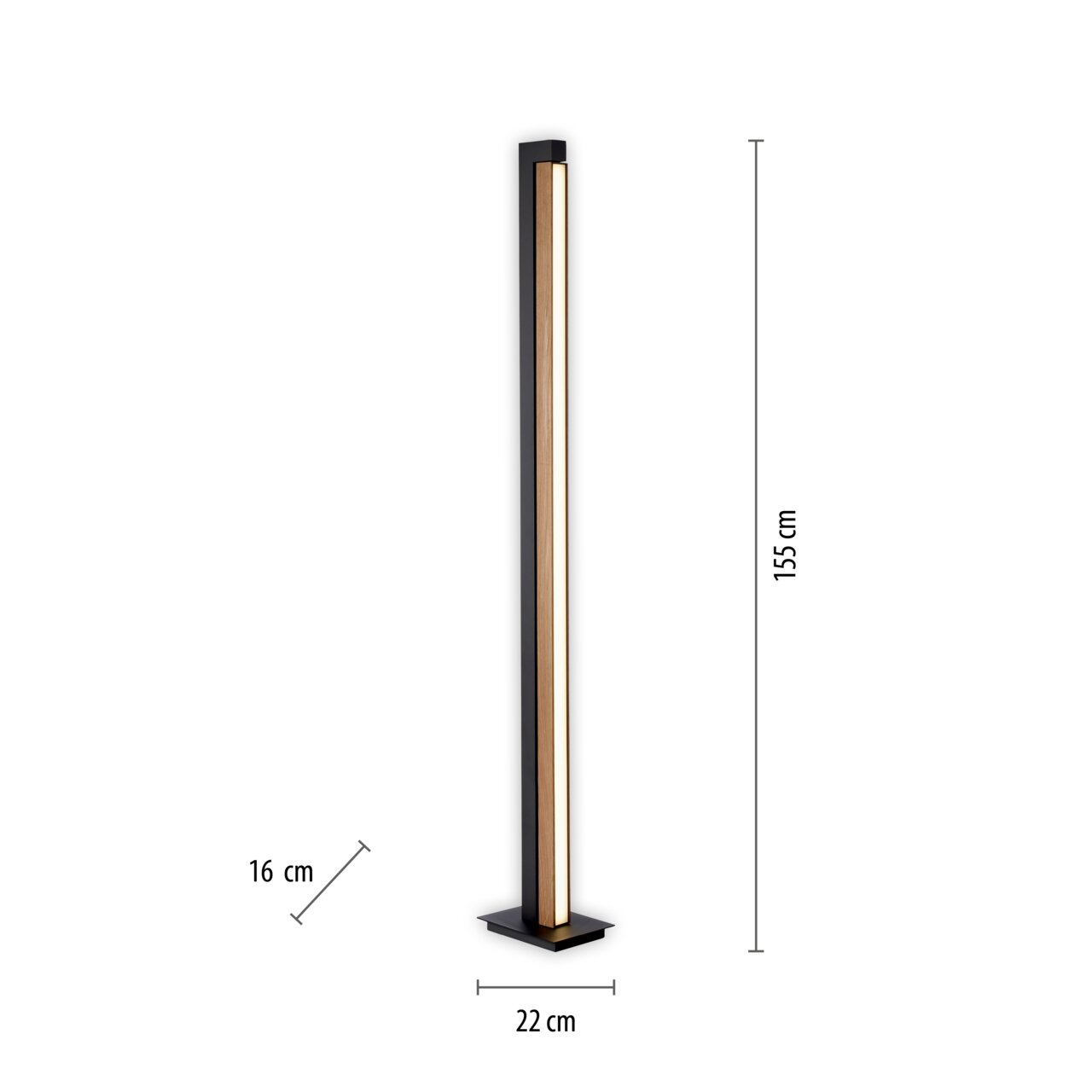 Stehleuchte PURE-LINES in seitlicher Perspektive, 155 cm hoch, mit schmalem, modernem Design und rechteckigem Sockel.