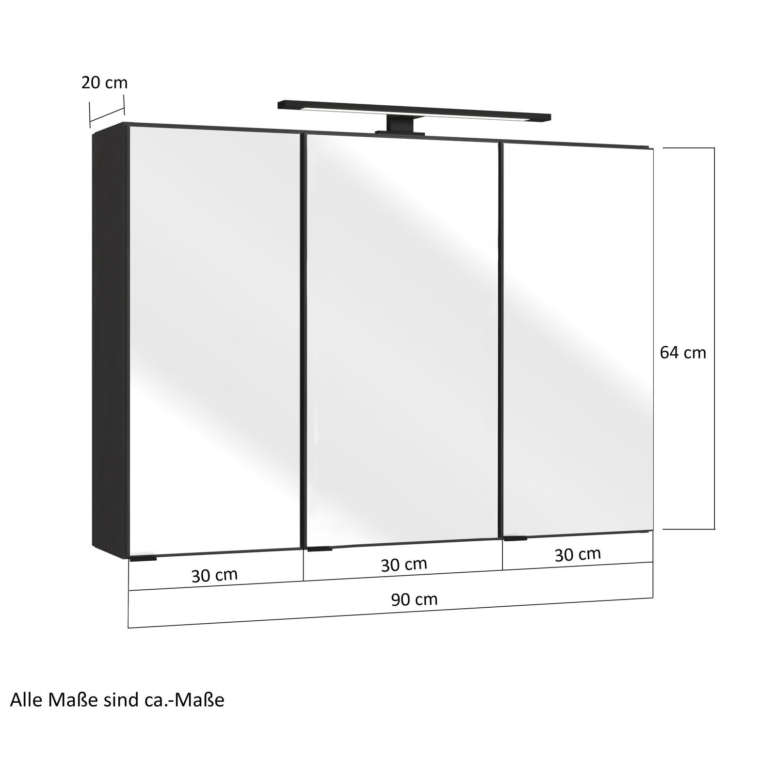 Spiegelschrank mit drei Türen, Gesamtbreite 90 cm, Höhe 64 cm, Tiefe 20 cm, mit integrierter Beleuchtung, seitliche Perspektive