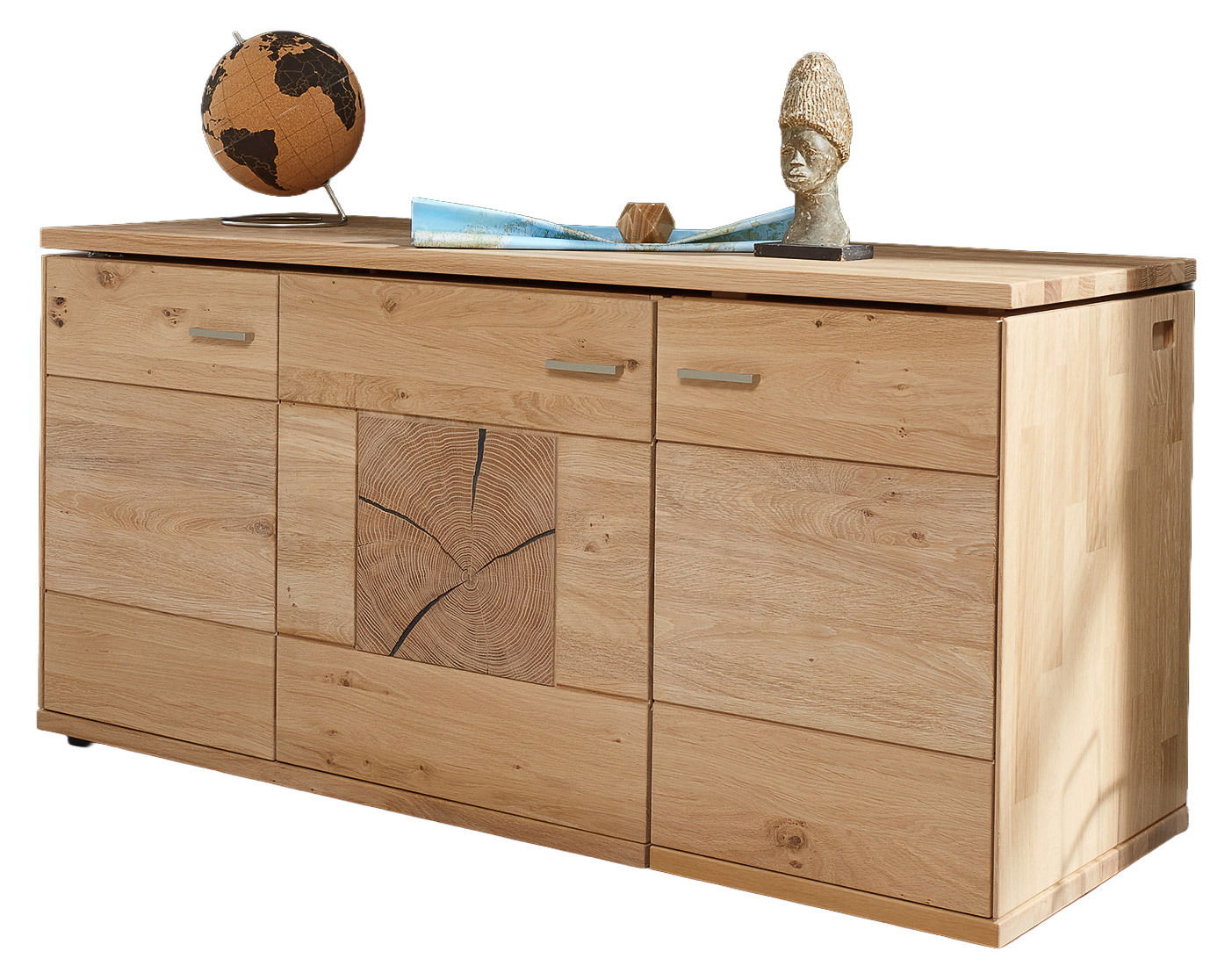 Holz-Sideboard mit drei Schubladen und dekorativem Muster auf der Vorderseite, seitliche Perspektive