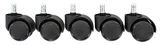 Fünf schwarze Rollen mit silbernen Stiften, frontal abgebildet, geeignet für Bürostühle oder Möbel.