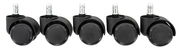 Fünf schwarze Rollen mit silbernen Stiften, frontal abgebildet, geeignet für Bürostühle oder Möbel.