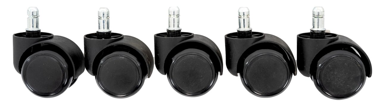 BOXXX Rollenset FILO Fünf schwarze Rollen mit silbernen Stiften, frontal abgebildet, geeignet für Bürostühle oder Möbel.