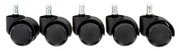 Fünf schwarze Rollen mit silbernen Stiften, frontal abgebildet, geeignet für Bürostühle oder Möbel.