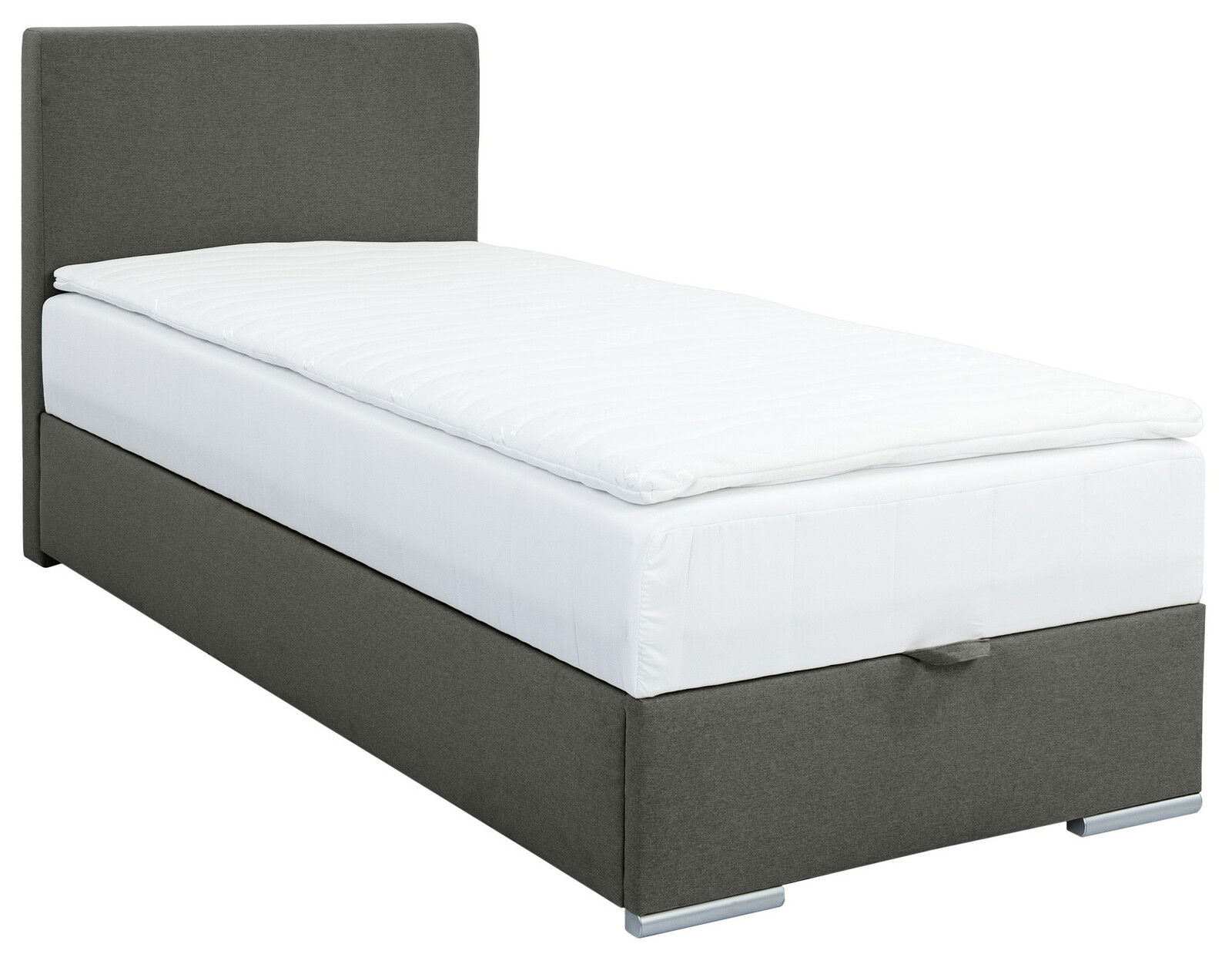 Graues Boxbett 90 mit weißer Matratze, seitliche Perspektive