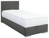 Graues Boxbett 90 mit weißer Matratze, seitliche Perspektive