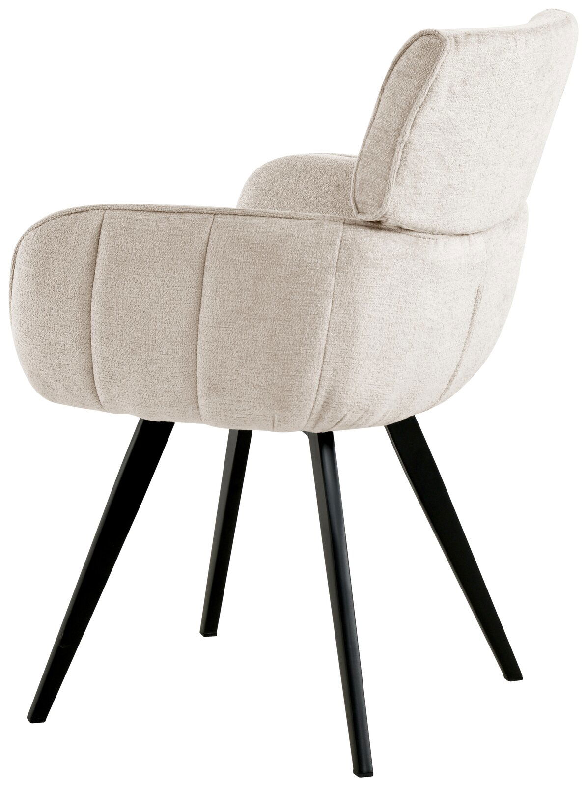 Beiger Armlehnstuhl mit schwarzem Metallgestell, seitliche Perspektive