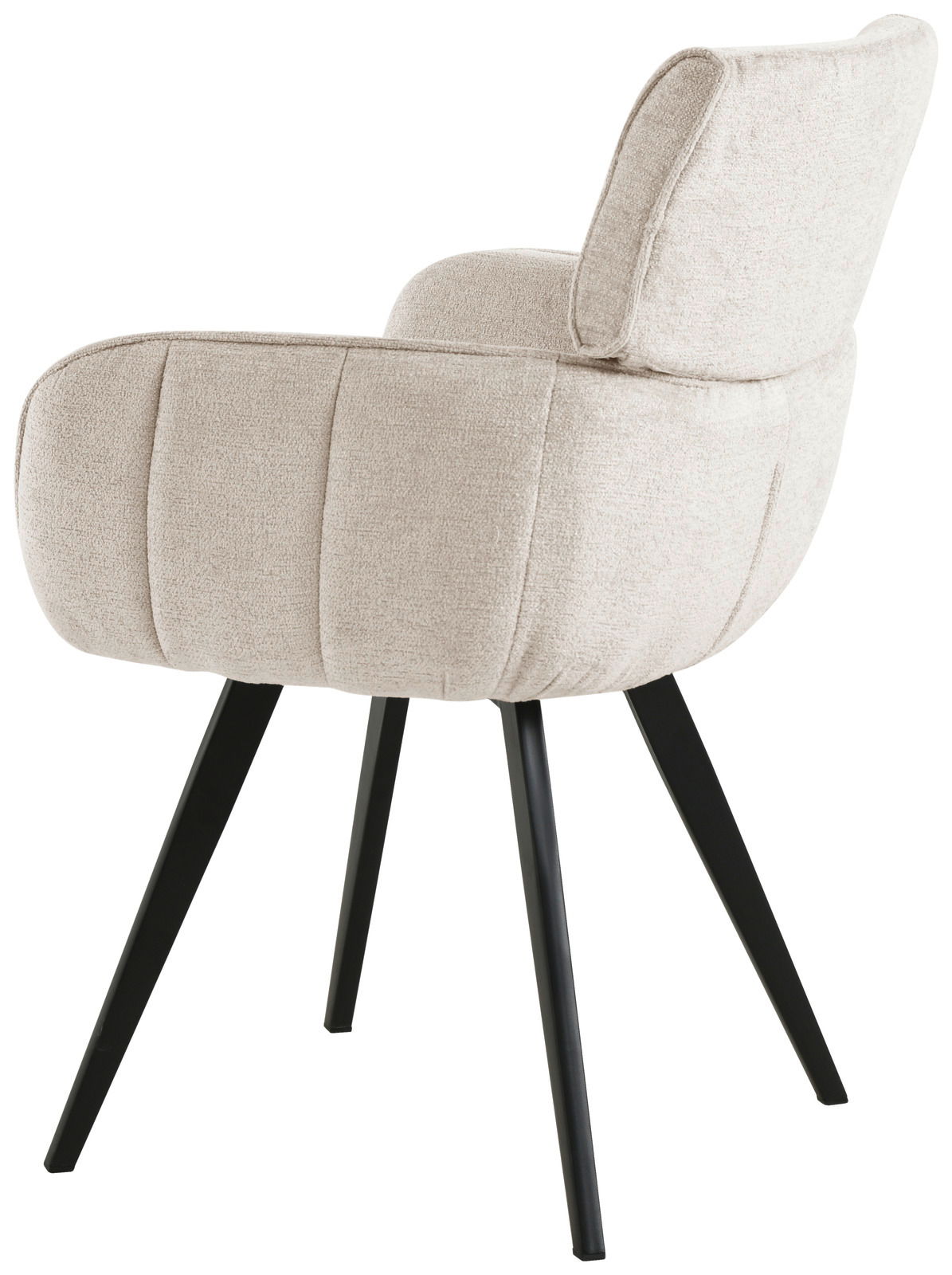 Beiger Armlehnstuhl mit schwarzem Metallgestell, seitliche Perspektive