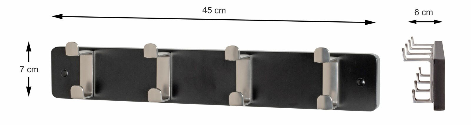 Garderobenleiste mit vier Haken, schwarze Basis, silberne Haken, Maße: 45 cm Breite, 7 cm Höhe, 6 cm Tiefe, Vorder- und Seitenansicht.