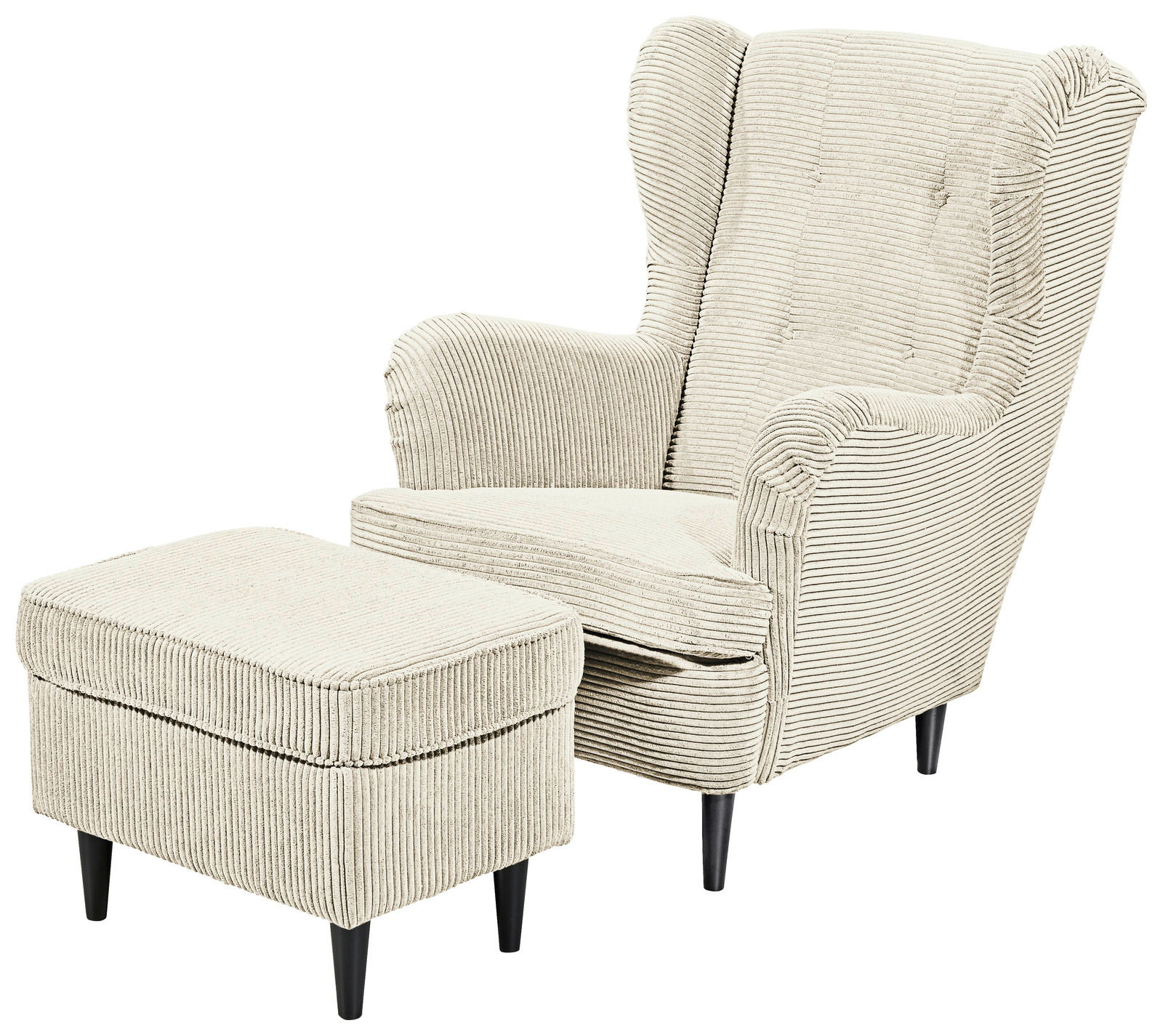 Beiger Ohrensessel mit passendem Hocker, Vorderansicht