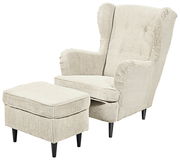 Beiger Ohrensessel mit passendem Hocker, Vorderansicht