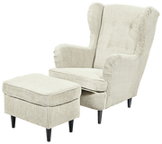 Beiger Ohrensessel mit passendem Hocker, Vorderansicht