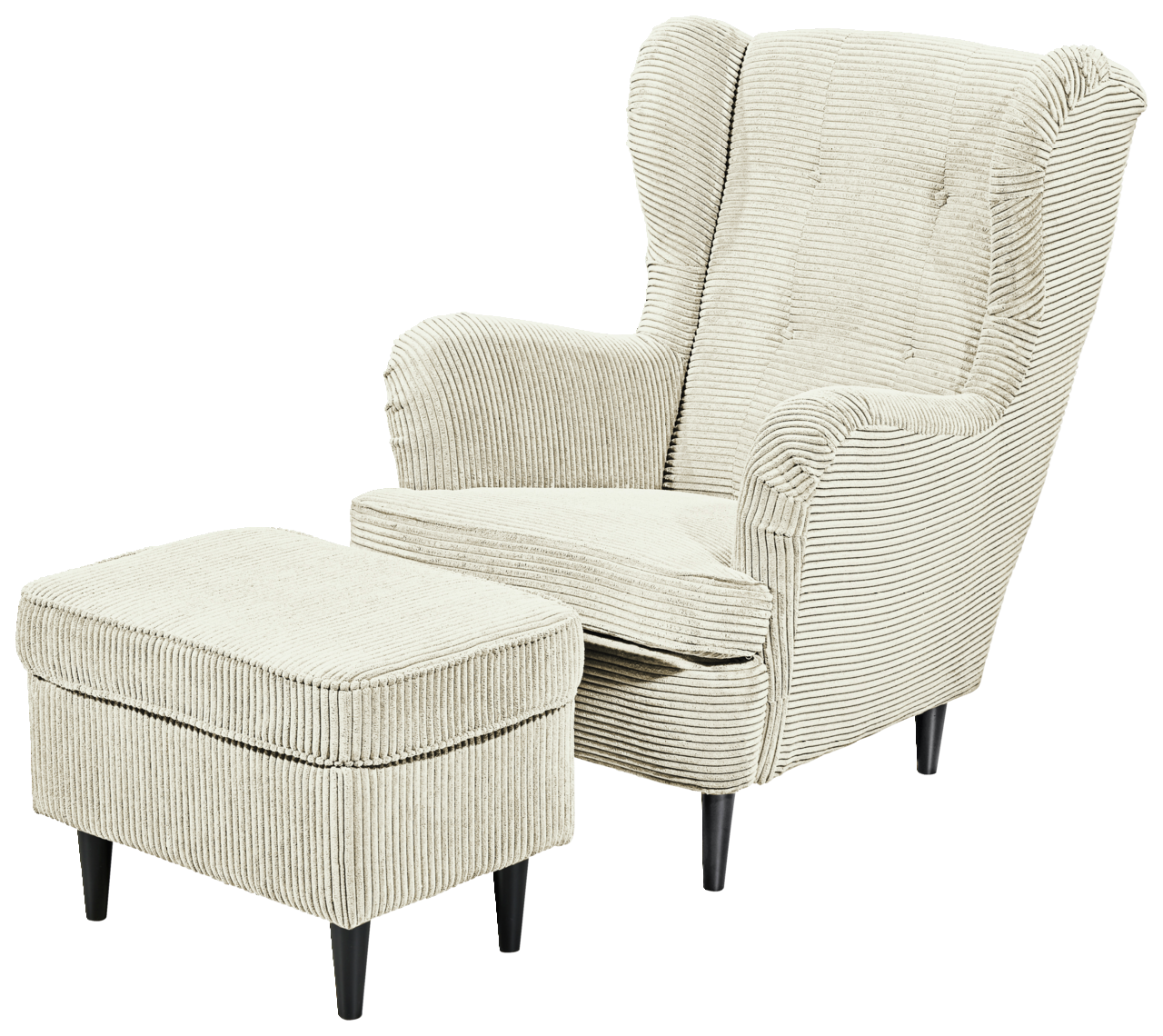 Beiger Ohrensessel mit passendem Hocker, Vorderansicht