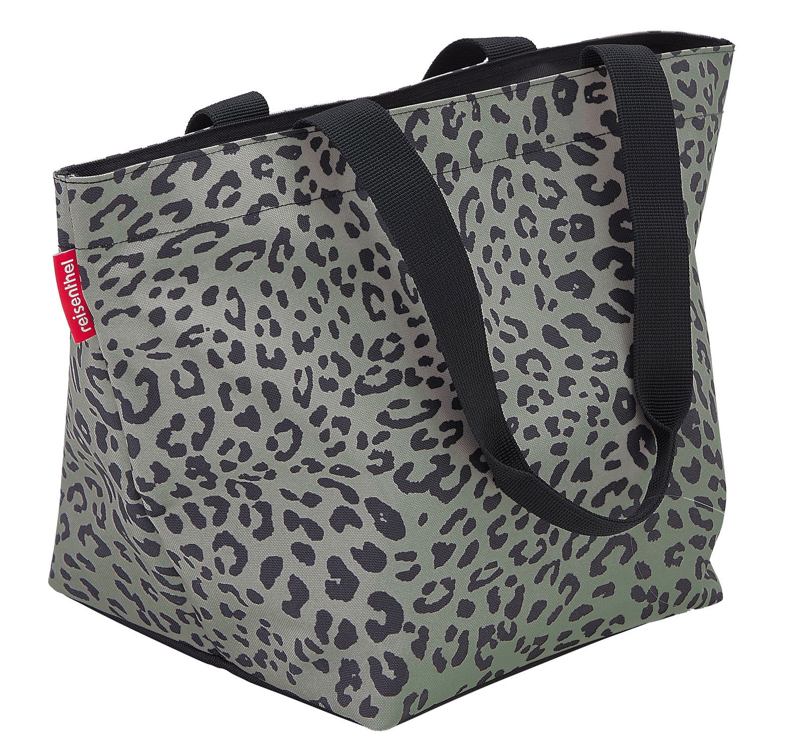 Leopardenmuster Shopper Tasche mit schwarzen Griffen, seitliche Perspektive