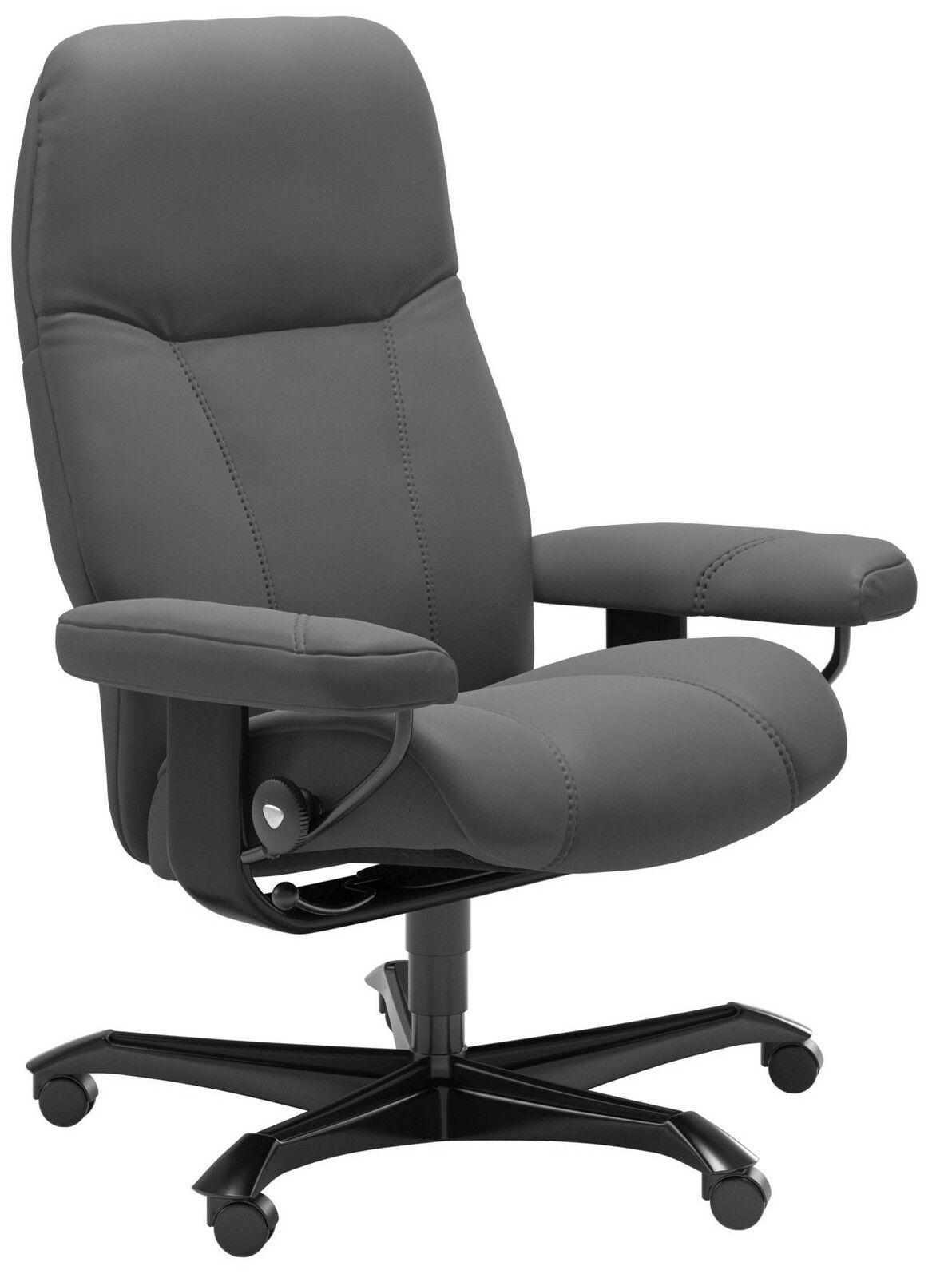 Grauer Chefsessel mit Armlehnen und Rollen, seitliche Perspektive