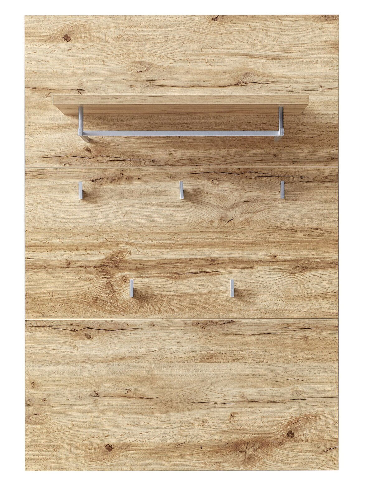 Garderoben-Set aus Holz in Frontalansicht mit Haken und Ablage.