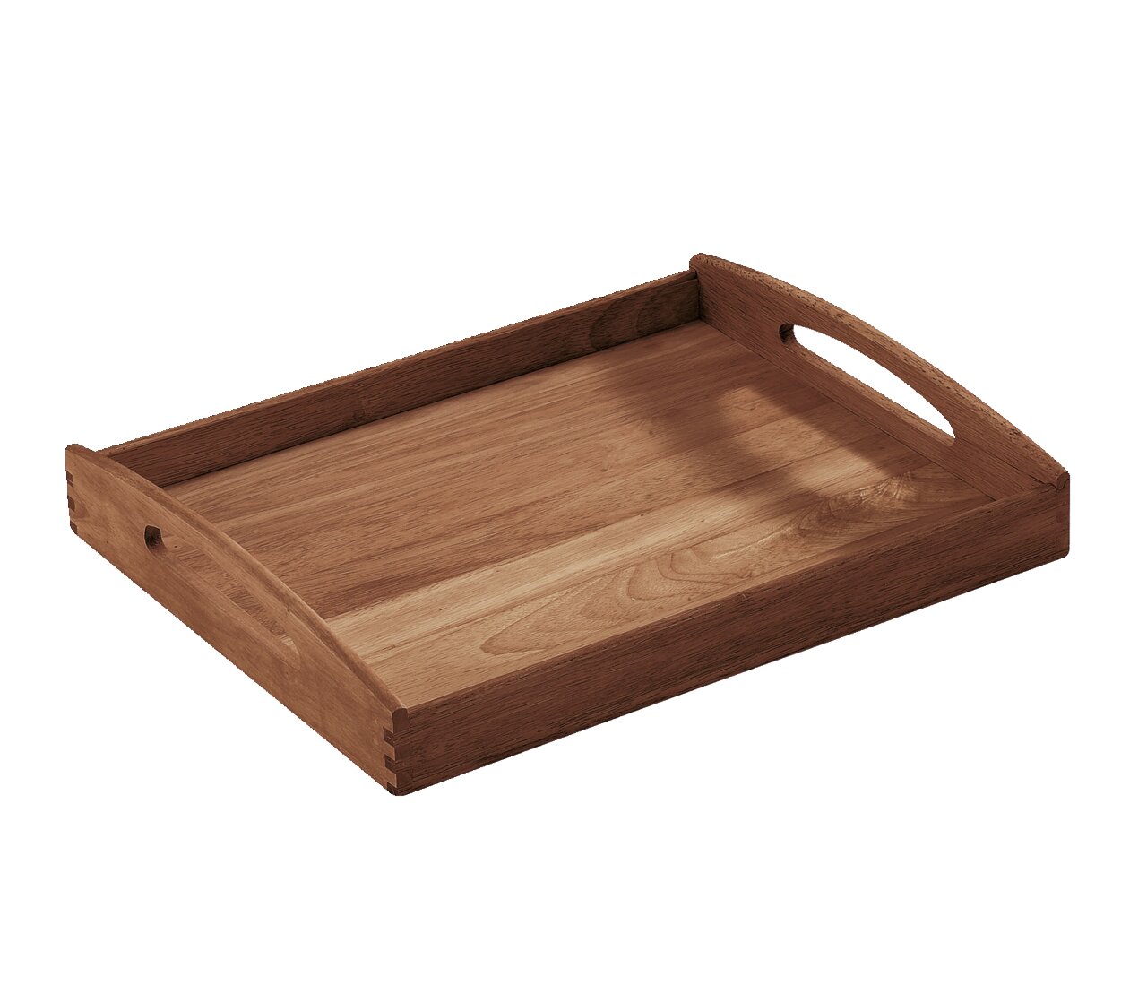 Houten dienblad, rechthoekig, met handvatten, gezien vanuit een schuine hoek van bovenaf