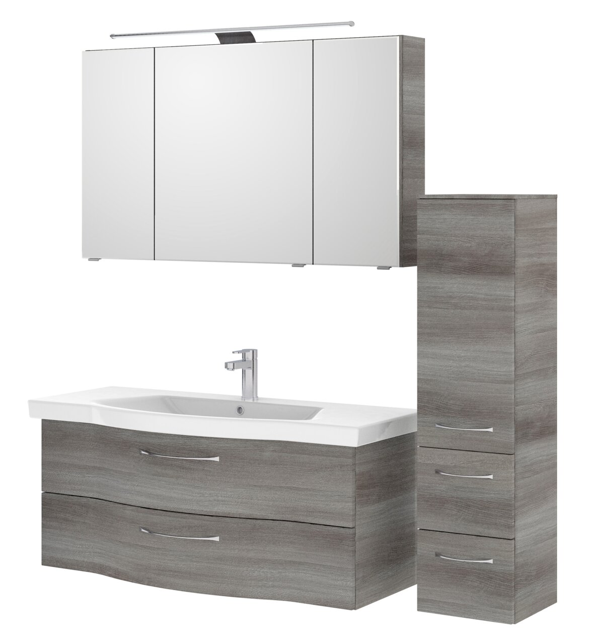 Moderner Badblock mit grauer Holzoptik, bestehend aus einem Waschbeckenunterschrank mit zwei Schubladen, einem hohen Seitenschrank mit drei Schubladen und einem Spiegelschrank mit Beleuchtung, frontal abgebildet.