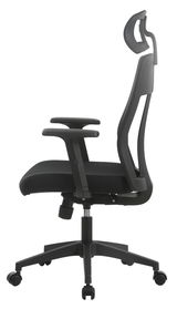 Seitenansicht eines schwarzen Drehstuhls mit verstellbarer Kopfstütze und Armlehnen.