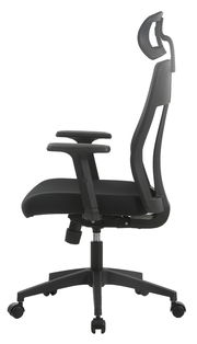 Seitenansicht eines schwarzen Drehstuhls mit verstellbarer Kopfstütze und Armlehnen.