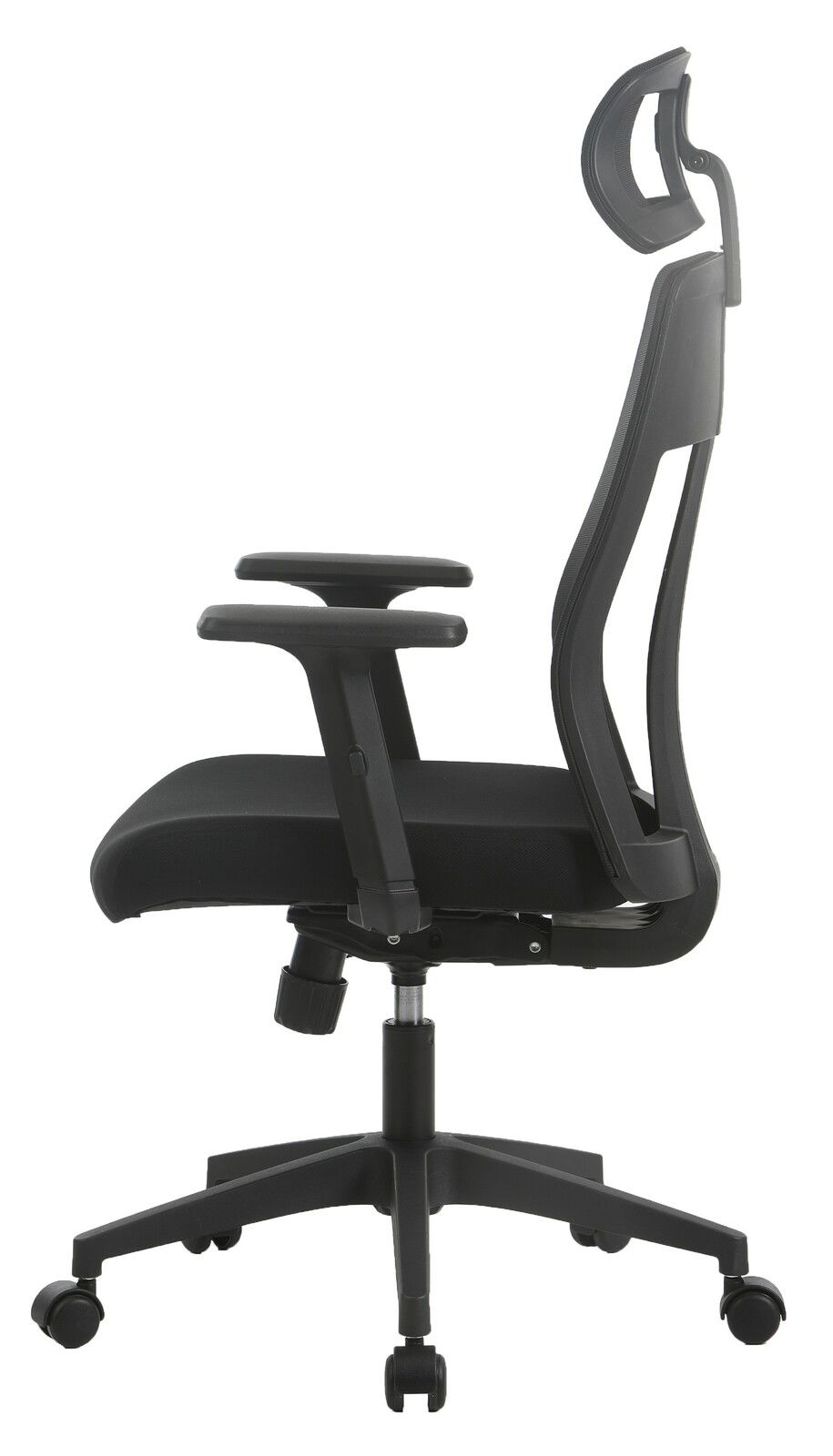 Seitenansicht eines schwarzen Drehstuhls mit verstellbarer Kopfstütze und Armlehnen.