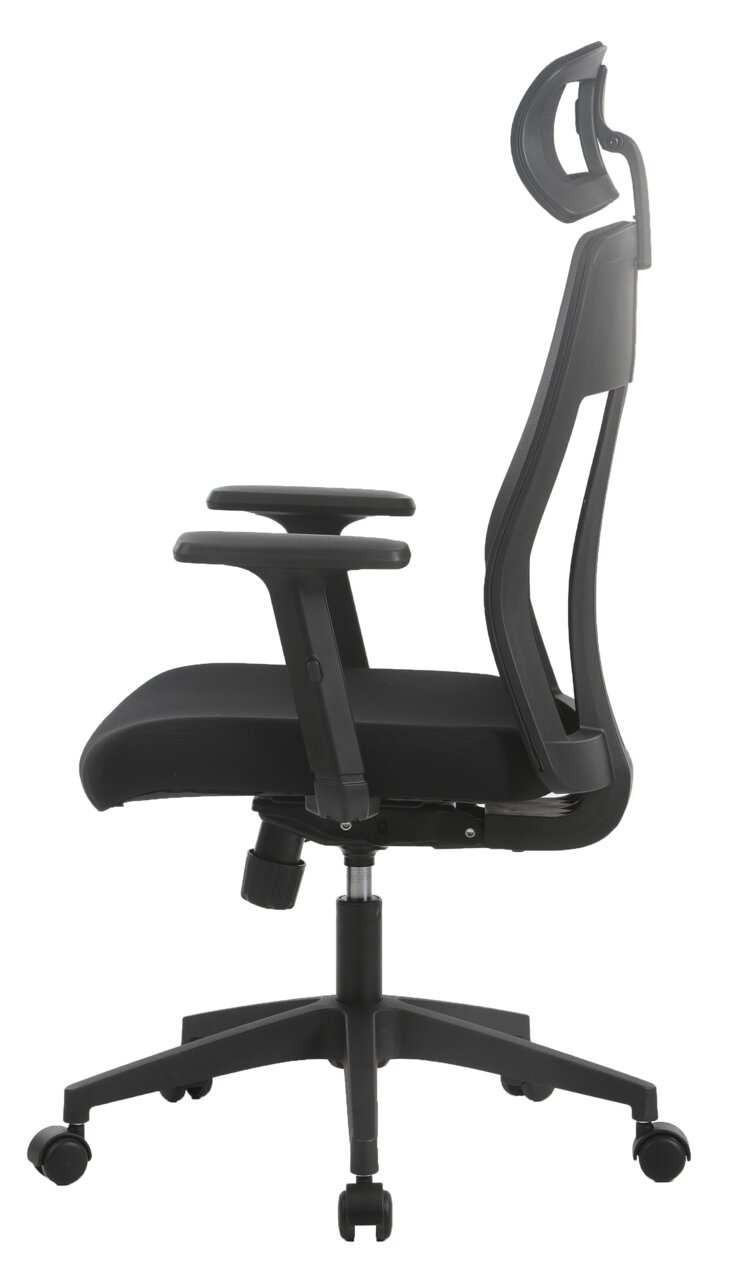 Seitenansicht eines schwarzen Drehstuhls mit verstellbarer Kopfstütze und Armlehnen.