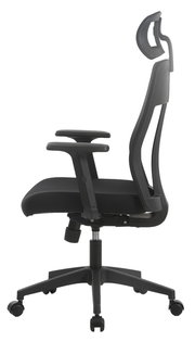 Seitenansicht eines schwarzen Drehstuhls mit verstellbarer Kopfstütze und Armlehnen.