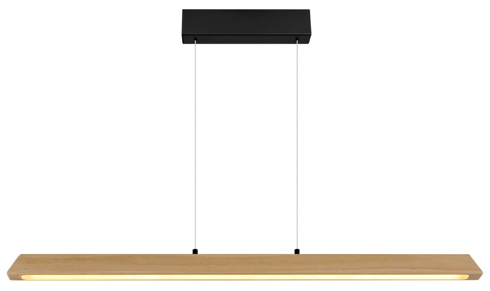Moderne LED-Pendelleuchte mit langem Holz-Balken in Naturholzoptik und warmweißem Licht, aufgehängt an zwei dünnen Seilen mit schwarzem Baldachin, Frontalansicht.