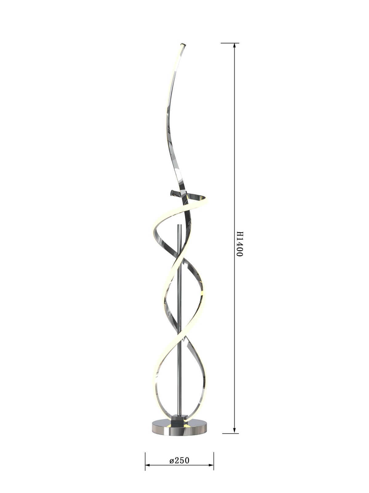 Moderne Stehleuchte Indigo mit spiralförmigem Design, silbernem Finish und warmweißer Beleuchtung, seitliche Perspektive.