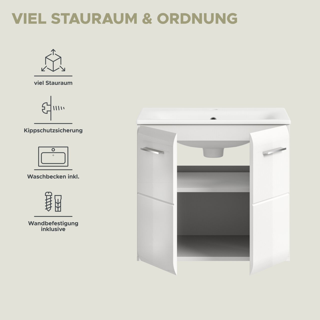 Weißer Waschtischunterschrank mit integriertem Waschbecken und geöffneten Türen, viel Stauraum, Frontansicht in leichter Schrägperspektive von vorn.