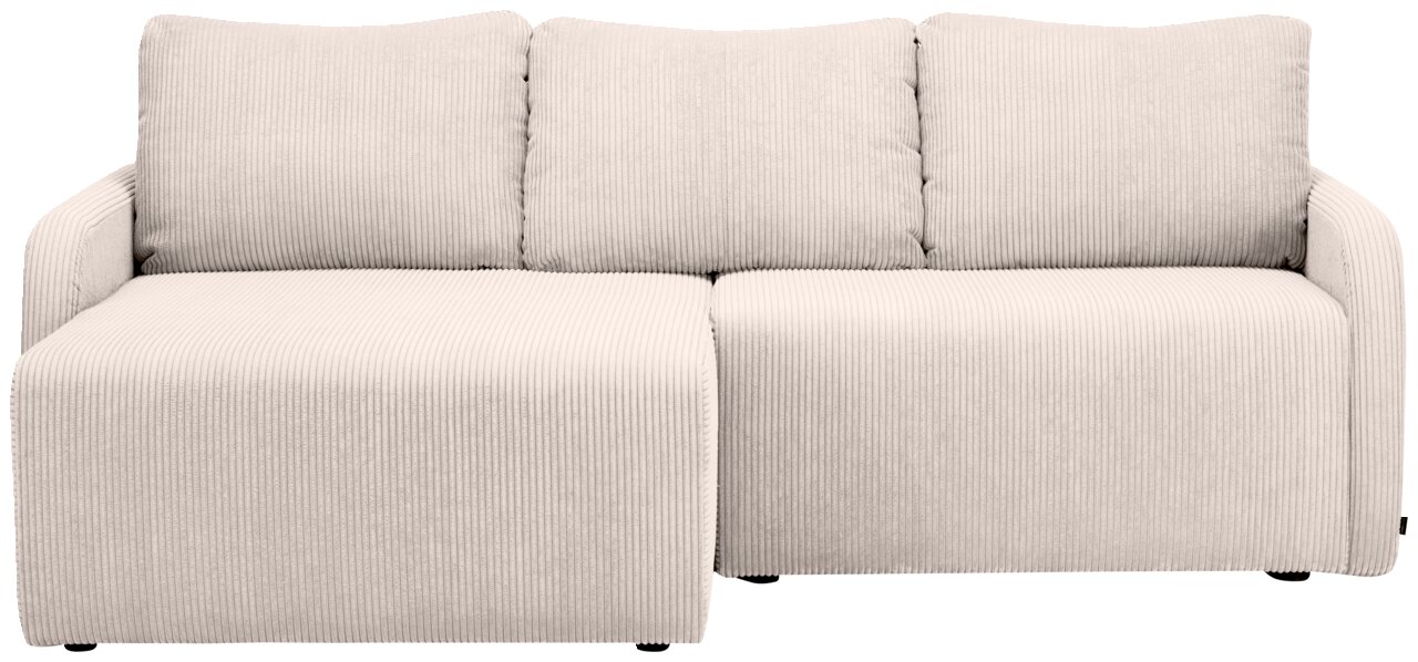 Beige hoekbank met drie rugkussens, vooraanzicht