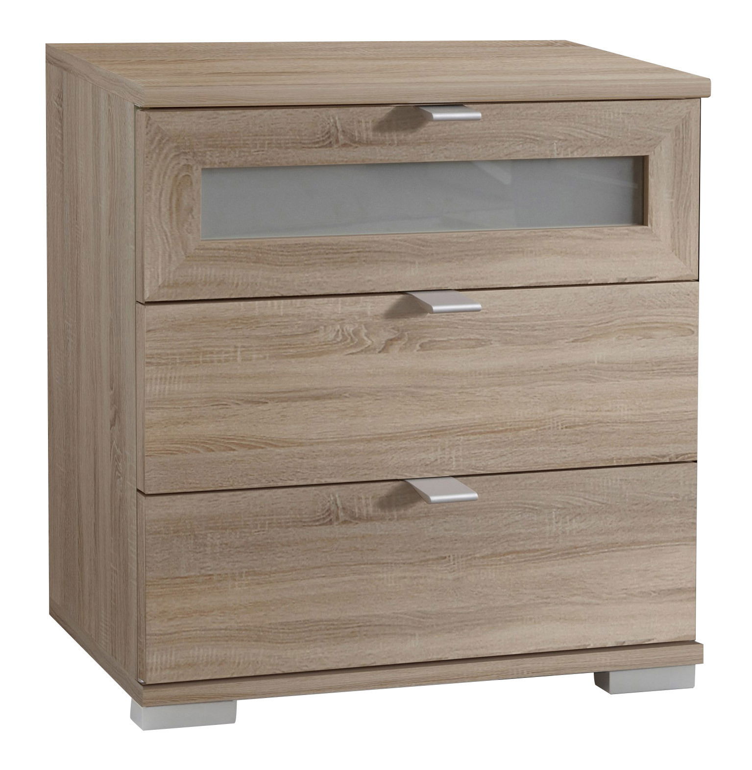 Z2 Nachtkonsole BOX PLUS Nachtkonsole aus Holz mit drei Schubladen, davon eine mit Glaseinsatz, in frontaler Perspektive