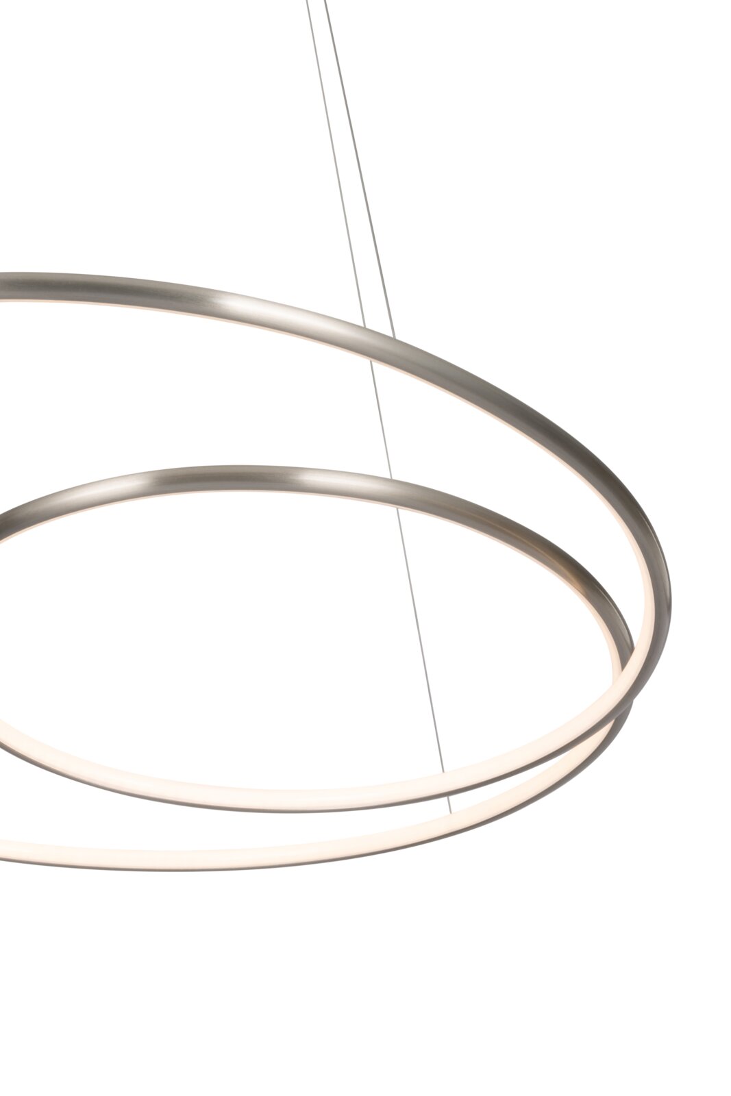 Moderne LED-Hängeleuchte mit zwei ineinander verschlungenen Ringen, seitliche Perspektive