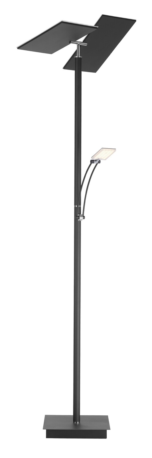 Moderne LED-Stehleuchte in schwarzem Design mit zwei rechteckigen Leuchtflächen, seitliche Perspektive