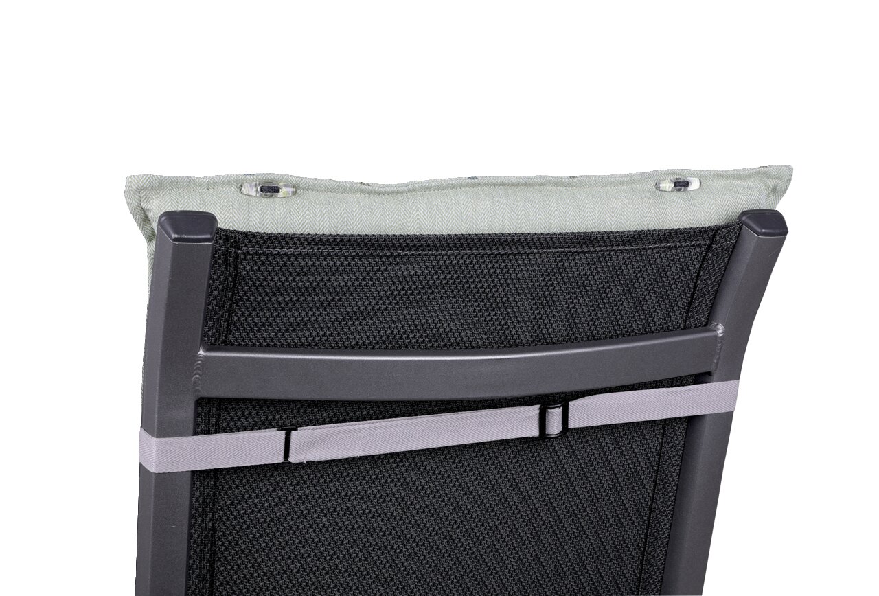 Rückansicht einer Sesselauflage auf einem Stuhl mit grauem Rahmen und schwarzem Netzgewebe.