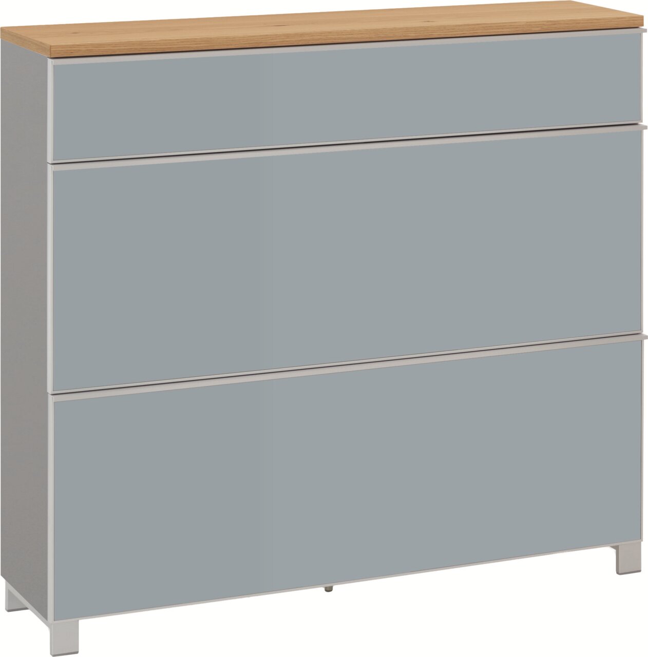 VOSS XL-Schuhschrank VORTINA Moderne Kommode mit drei Schubladen, grauen Fronten und Holzplatte, freistehend auf Füßen, in schräger Vorderansicht von links vor weißem Hintergrund