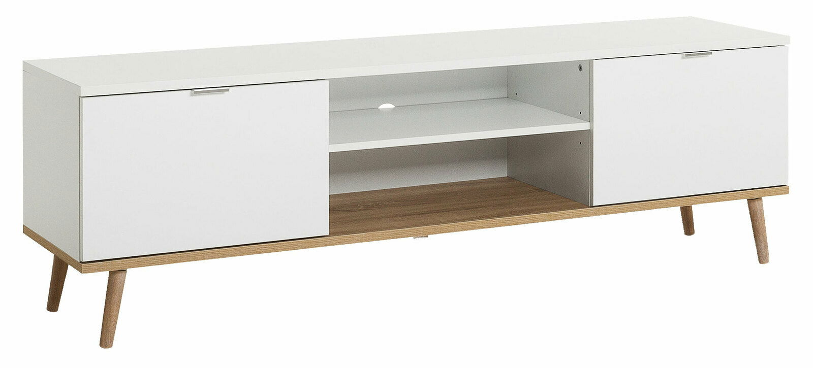 Modernes TV-Lowboard in Weiß mit Holzbeinen, seitlicher Perspektive