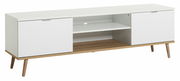 Modernes TV-Lowboard in Weiß mit Holzbeinen, seitlicher Perspektive
