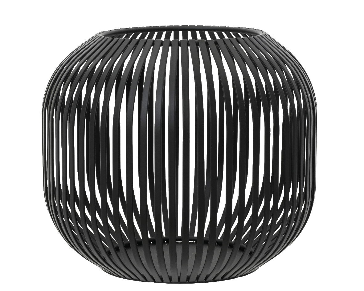 Schwarzes, kugelförmiges Windlicht aus Metall mit vertikalen Streben, seitliche Perspektive